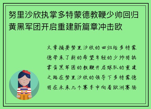 努里沙欣执掌多特蒙德教鞭少帅回归黄黑军团开启重建新篇章冲击欧 努里沙欣执掌多特蒙德教鞭少帅回归黄黑军团开启重建新篇章冲击欧