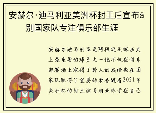 安赫尔·迪马利亚美洲杯封王后宣布告别国家队专注俱乐部生涯 安赫尔·迪马利亚美洲杯封王后宣布告别国家队专注俱乐部生涯